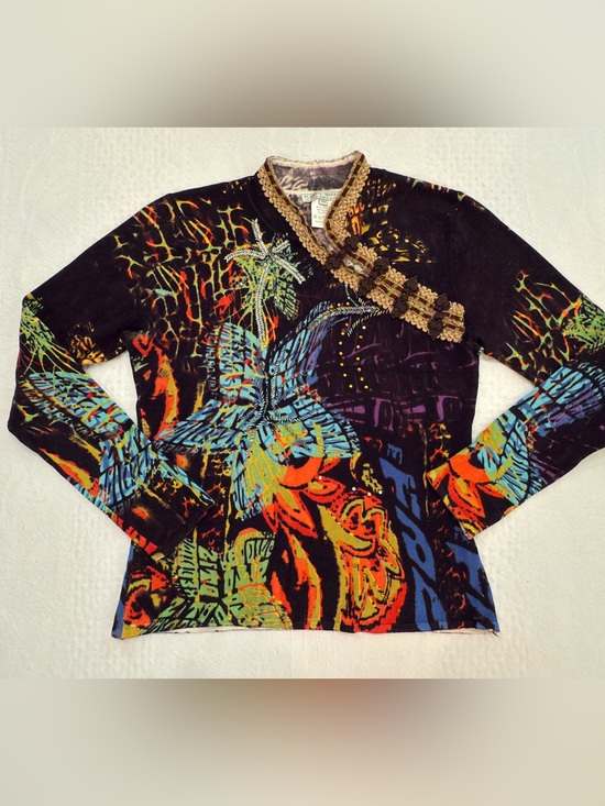 Alberto Makali Sweaters - Alberto Makali Women’s Medium Embellished Top Y2K Boho Artsy Beaded Knit Sweater